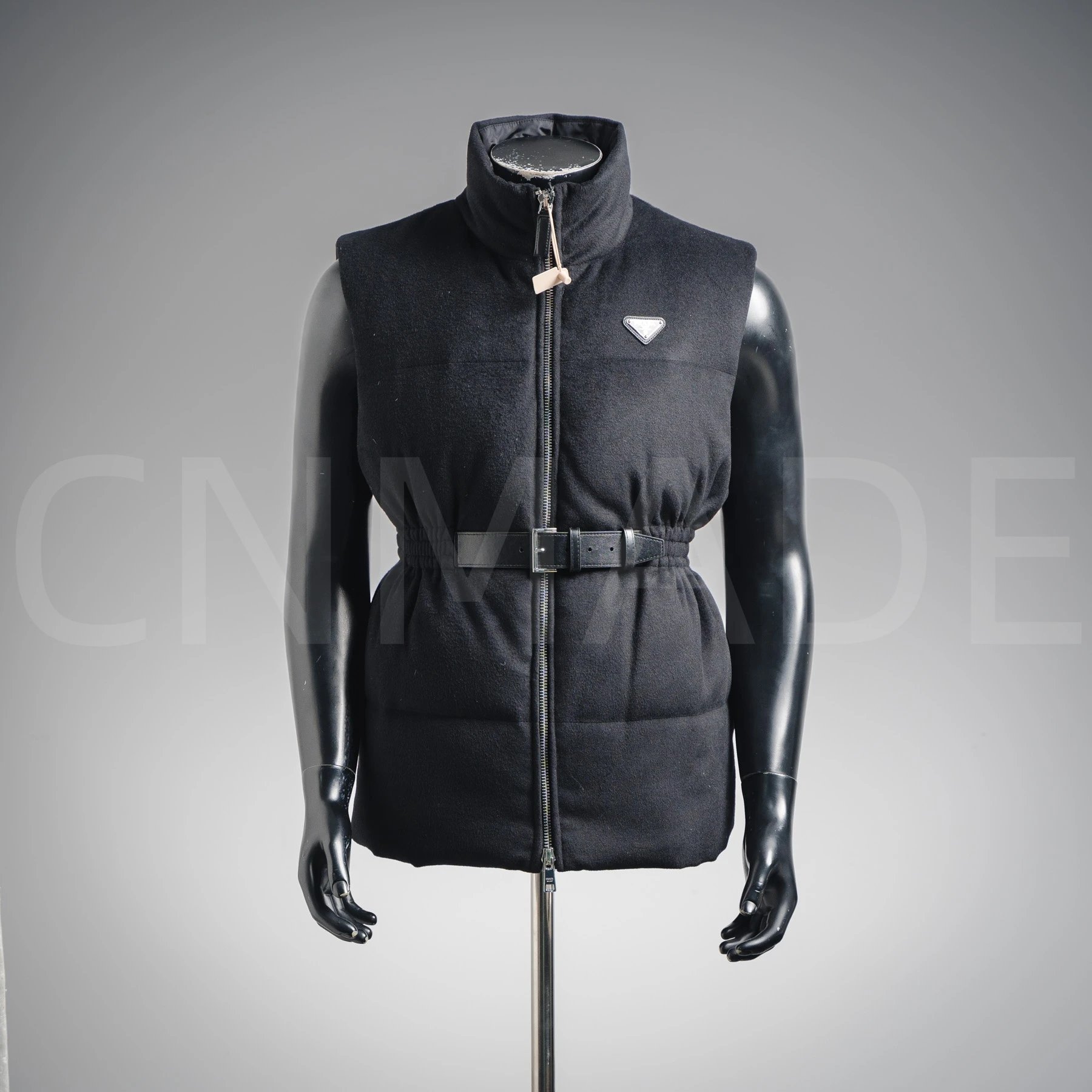 无袖-羊毛束腰羽绒服-黑色