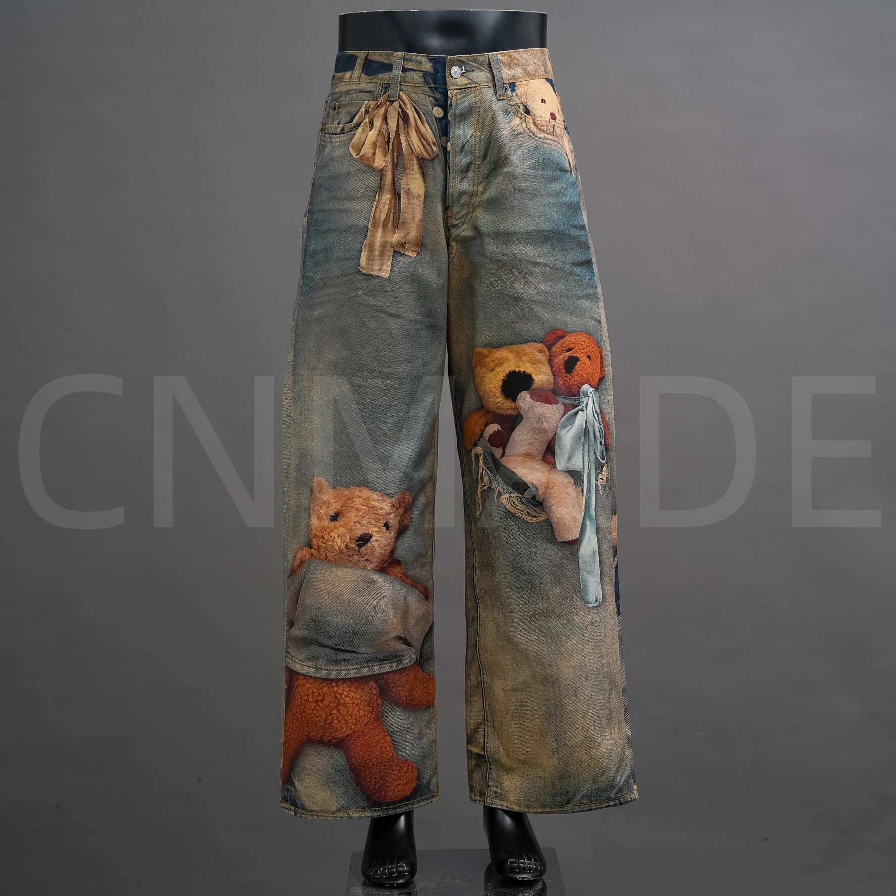 Ac FW25 1981泰迪熊小熊3D印花宽松低腰阔腿牛仔裤男女同款