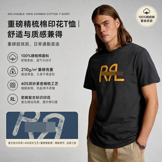 RL men's round neck short sleeved T-shirt in stock, 100% cotton, 40 count double strand combed printed design fabric, weight 210g, medium thickness natural skin friendly fabric, comfortable and breathable, new spring 2026 K2611019189