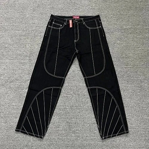 黑白线牛仔长裤