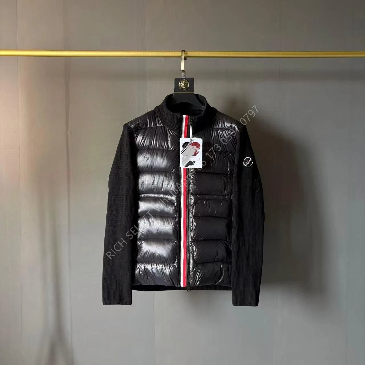 Moncler Jackets Hooded quilted down-knit hybrid jacket — MON-Red-striped black knit