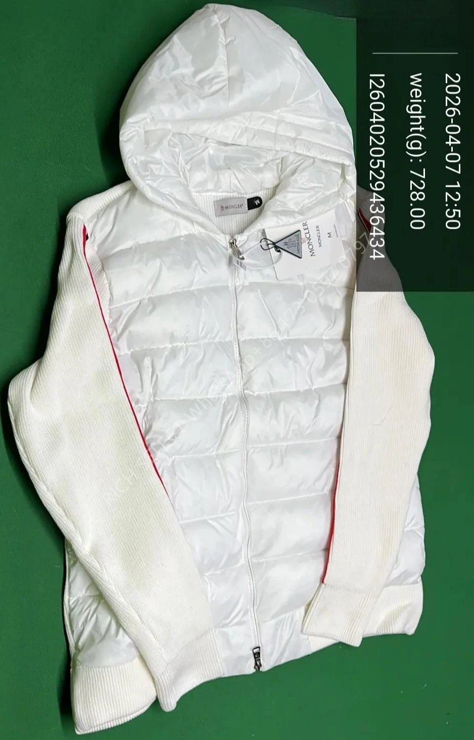 Moncler Jackets Hooded quilted down-knit hybrid jacket — MON-Striped-sleeve knitted white