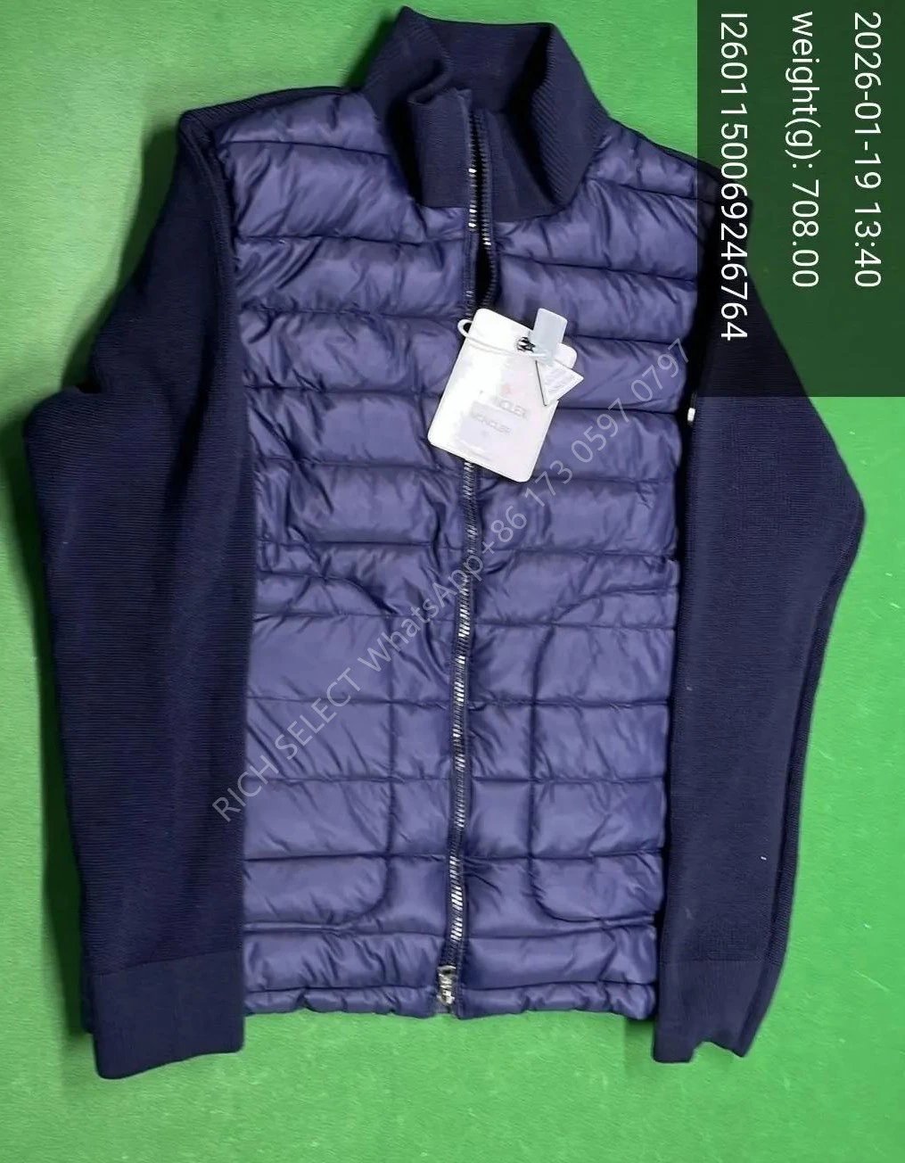 Moncler Jackets Hooded quilted down-knit hybrid jacket — MON-Blue stand-up collar