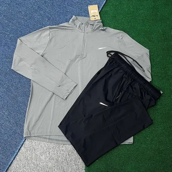 Nike Dri-FIT Half-Zip Long Sleeve Top and Running Pants Set Gray / Black Activewear - 1