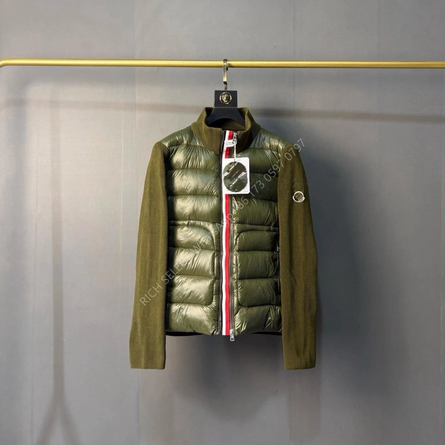 Moncler Jackets Hooded quilted down-knit hybrid jacket — MON-Red-striped knitted army green