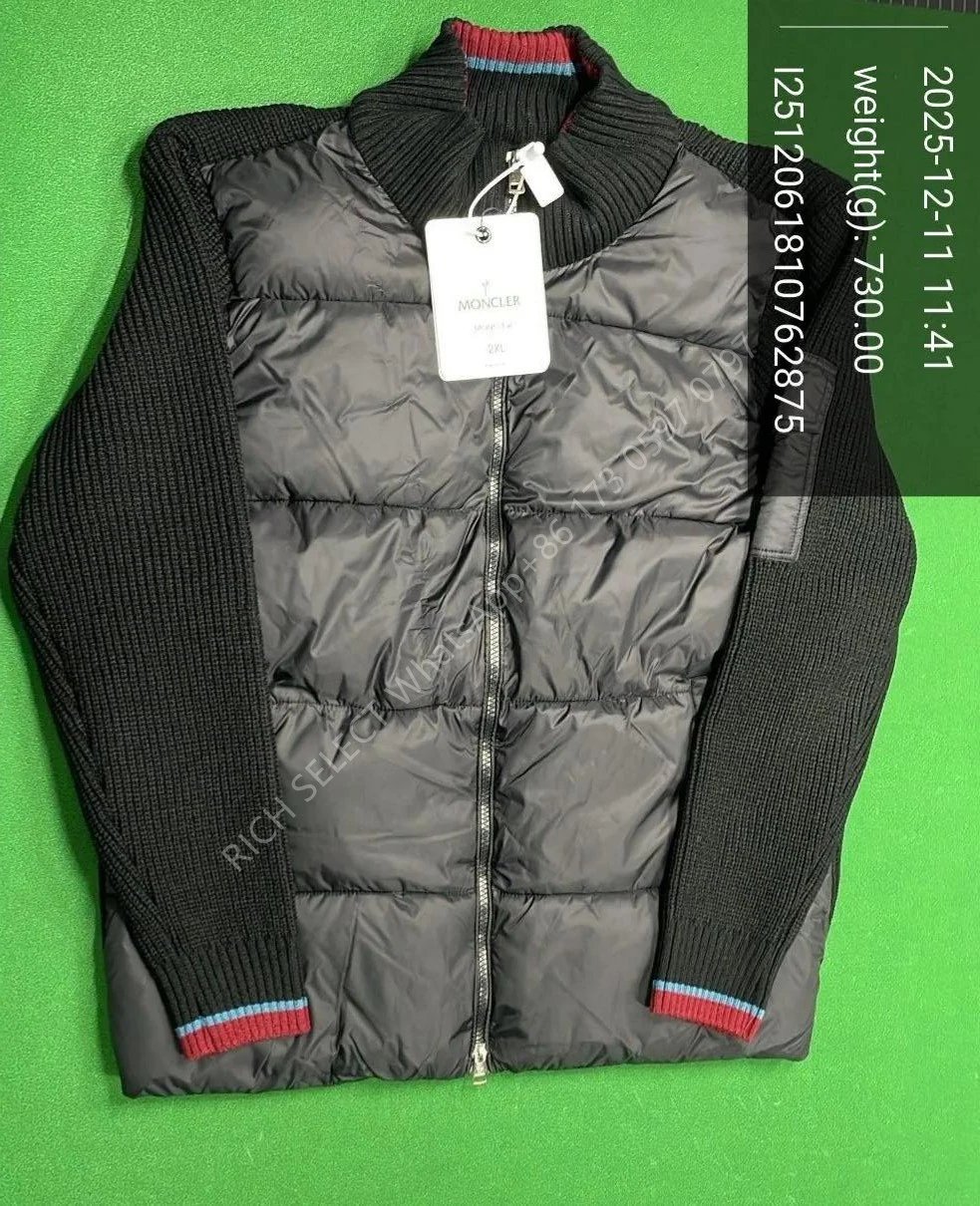 Moncler Jackets Hooded quilted down-knit hybrid jacket — MON-Black with red cuffs