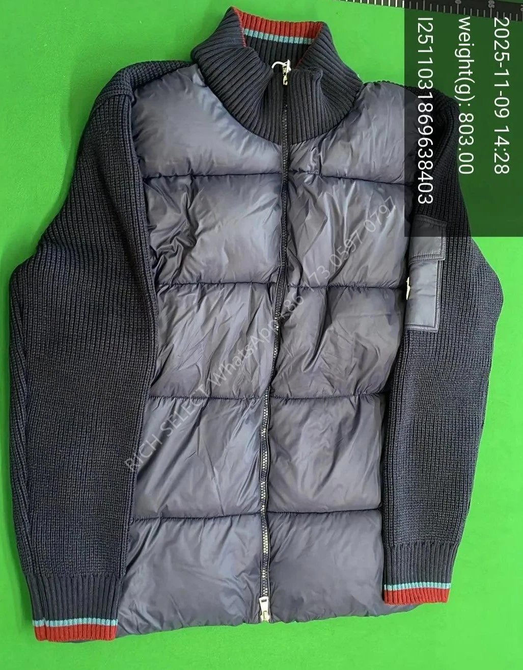 Moncler Jackets Hooded quilted down-knit hybrid jacket — MON-Blue with red cuffs