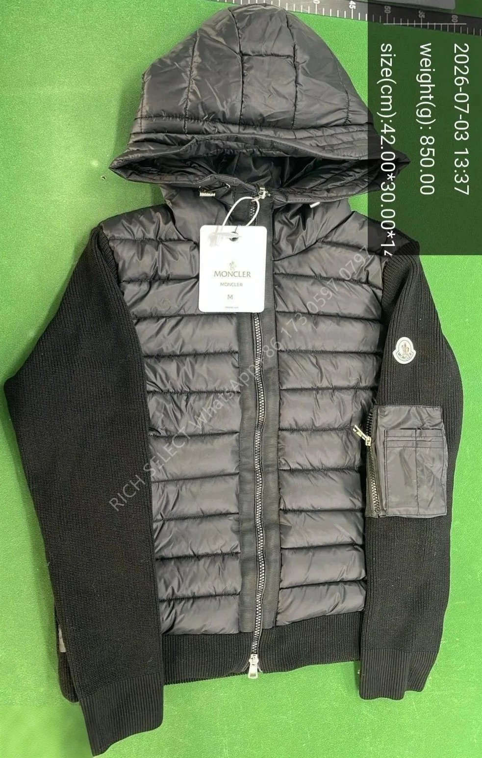 Moncler Jackets Hooded quilted down-knit hybrid jacket — MON-Black hoodie with a white label