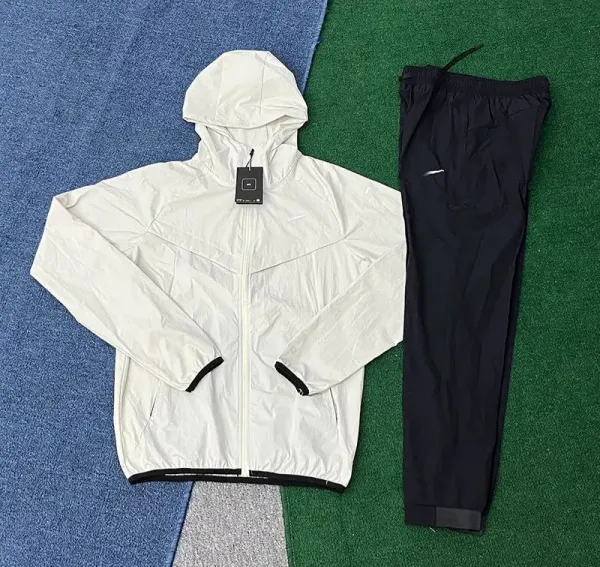 Nike Windrunner Hooded Jacket White with Black Trim and Nike Joggers Black Tracksuit - 1