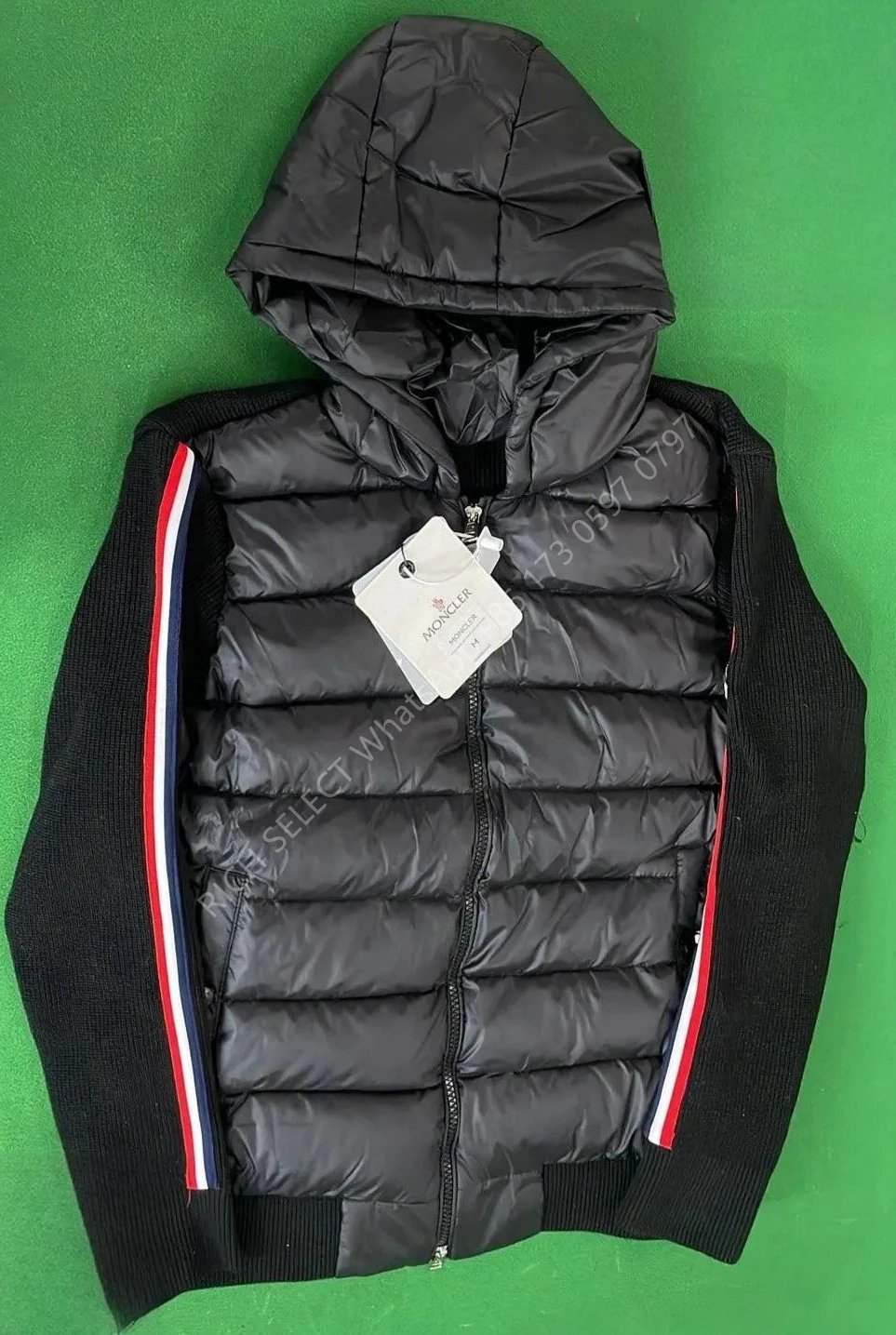 Moncler Jackets Hooded quilted down-knit hybrid jacket — MON-Black knitted with striped sleeves