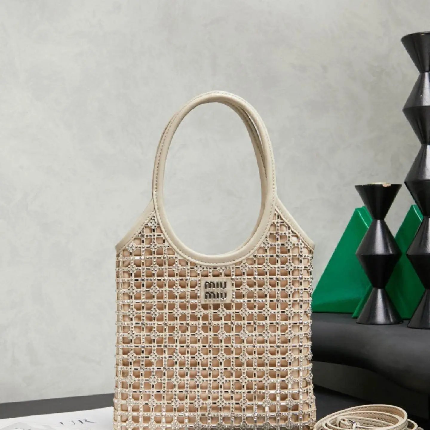Miu Handbags Crystal-embellished top-handle tote — Champagne color