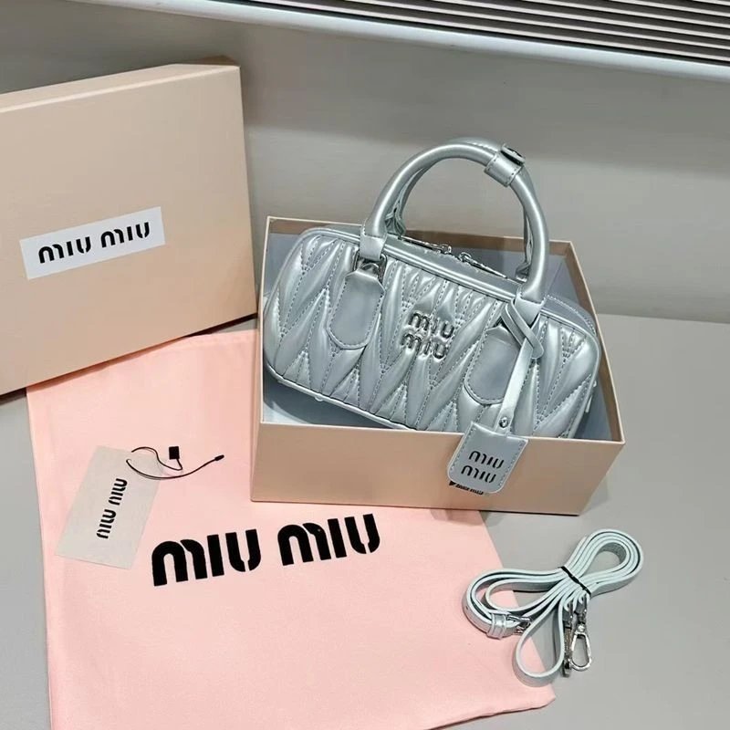Miu Handbags Quilted Top-Handle Boston Bag — Silver [Gift Box Packaging]
