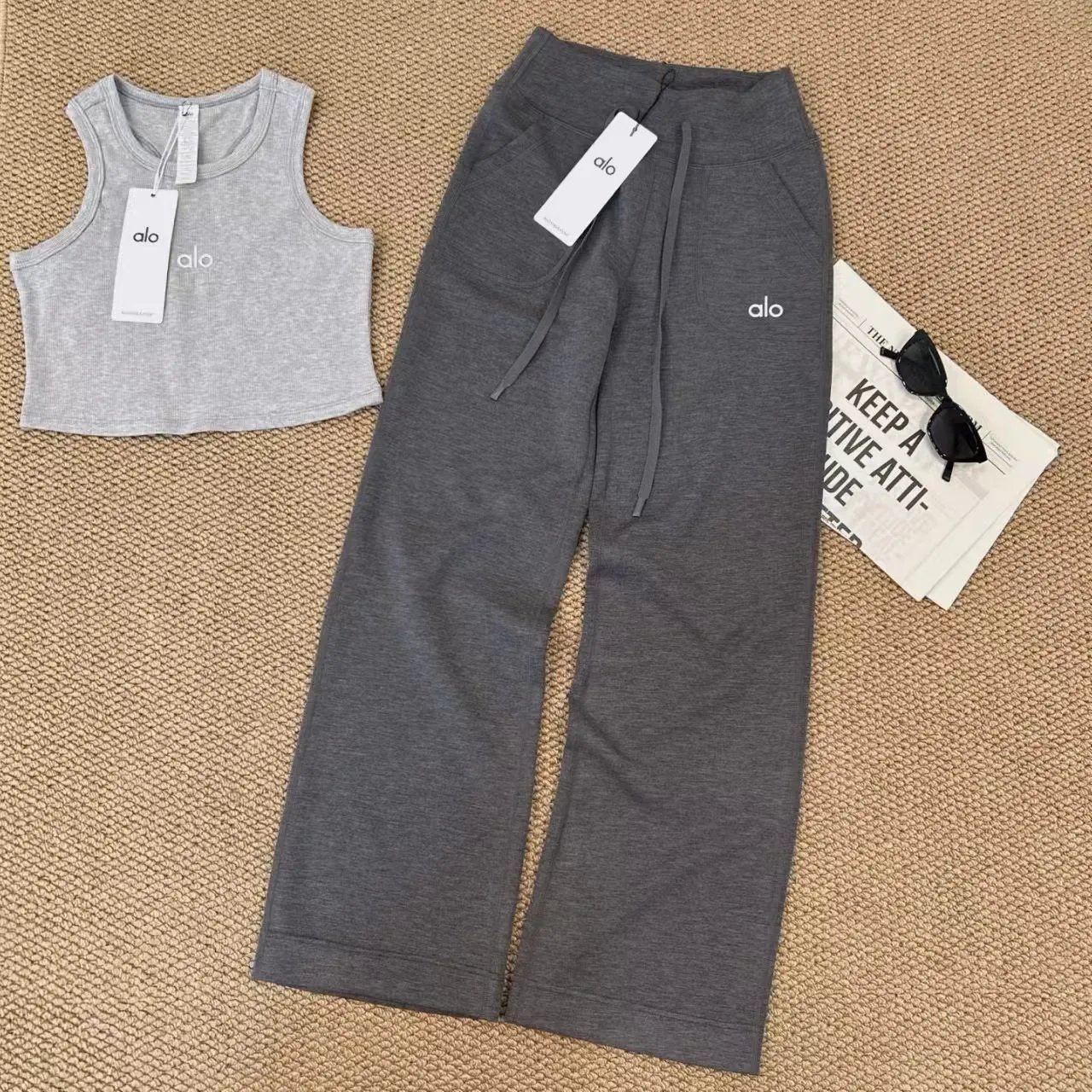 Alo Trousers High-waisted drawstring wide-leg pocket — Dark gray