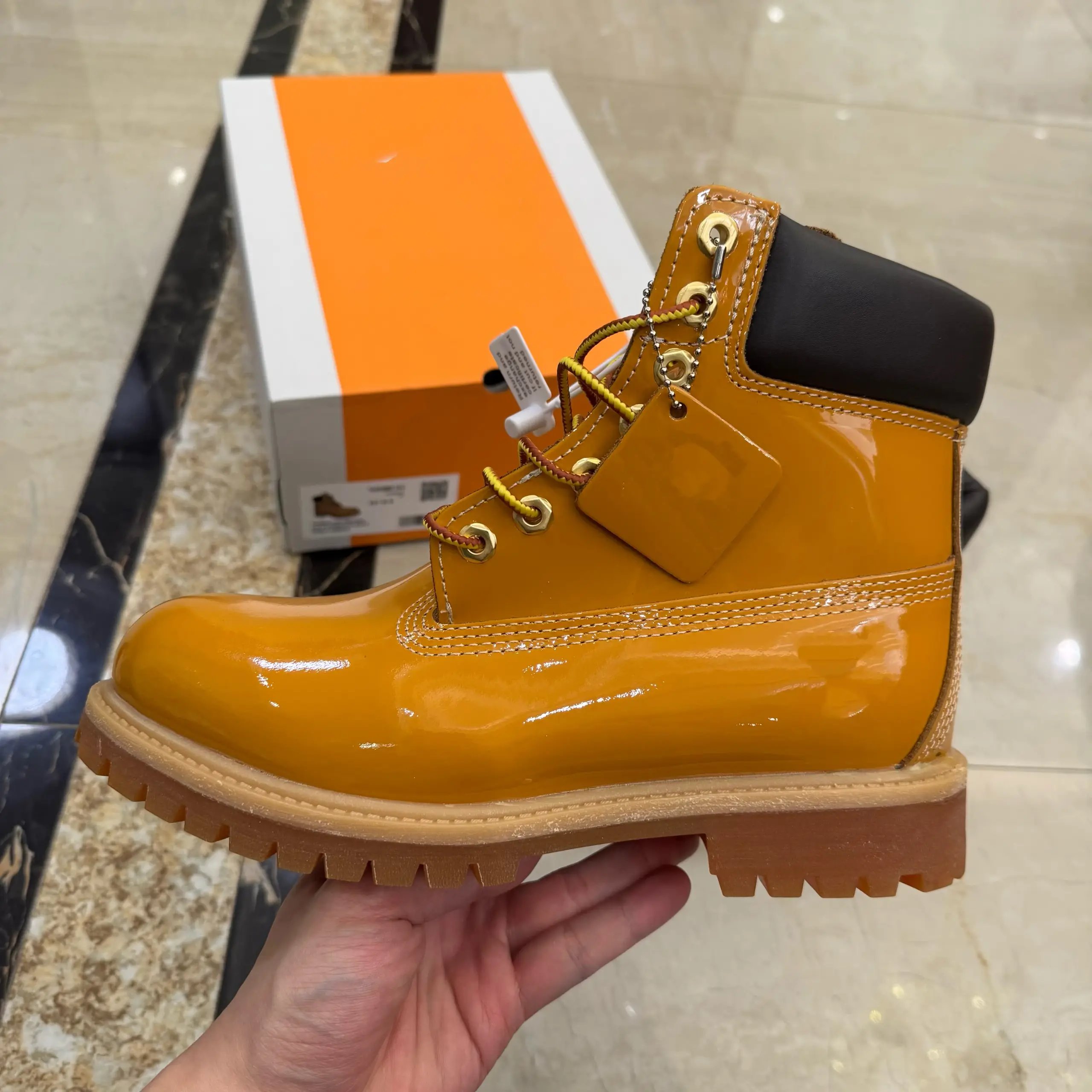 Unbranded Boots Glossy lace-up ankle with lug soles — Yellow, shoebox with all accessories included