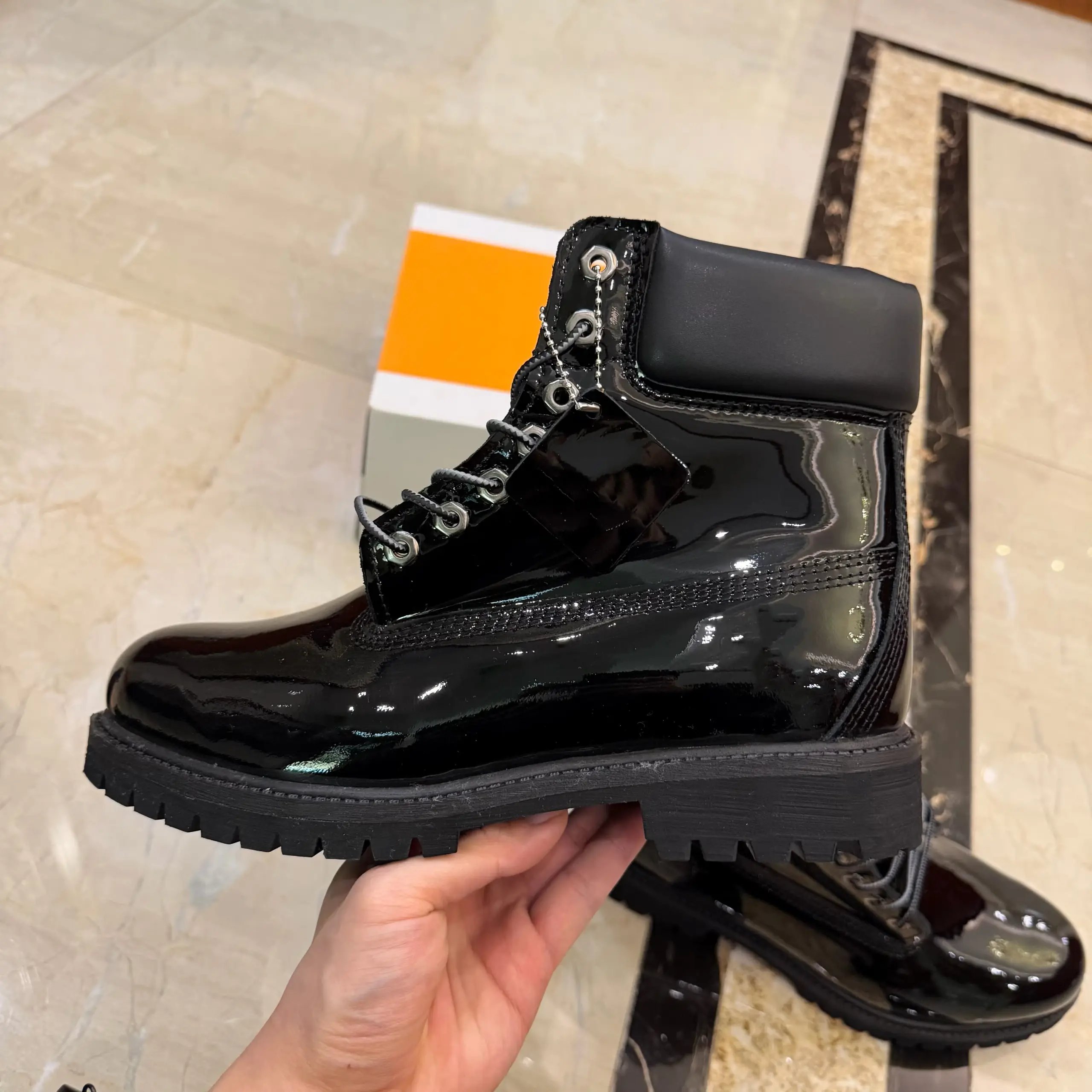 Unbranded Boots Glossy lace-up ankle with lug soles — Black, shoebox with all accessories included