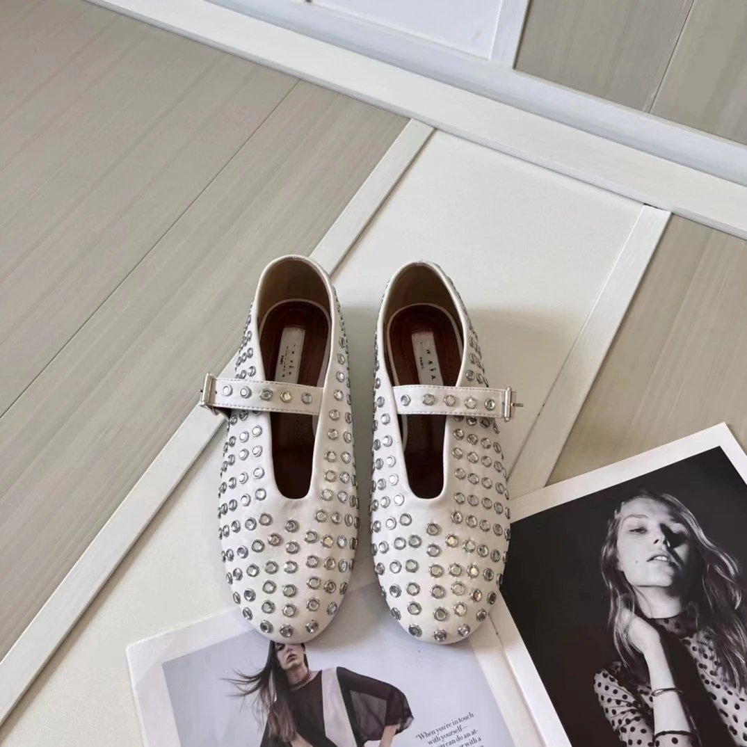 Alaïa Casual Shoes Studded Buckle Mary Jane Flats — White rhinestone
