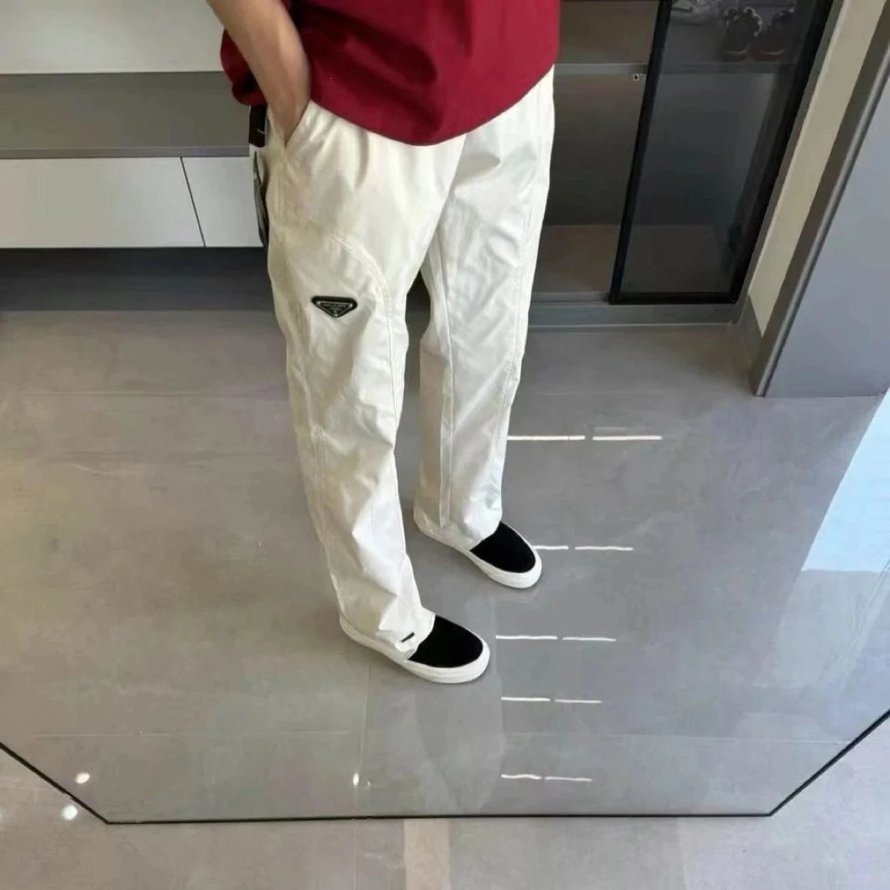 Prada Trousers Elastic-waist drawstring with triangular logo plaque — Apricot color
