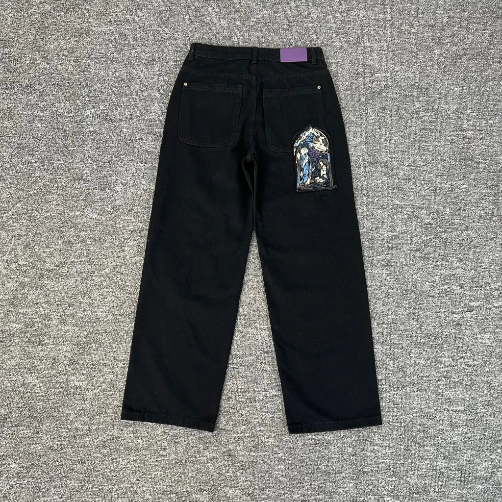 Derschutze Jeans Wide-leg with embroidered graphic back pockets — derj-001 black