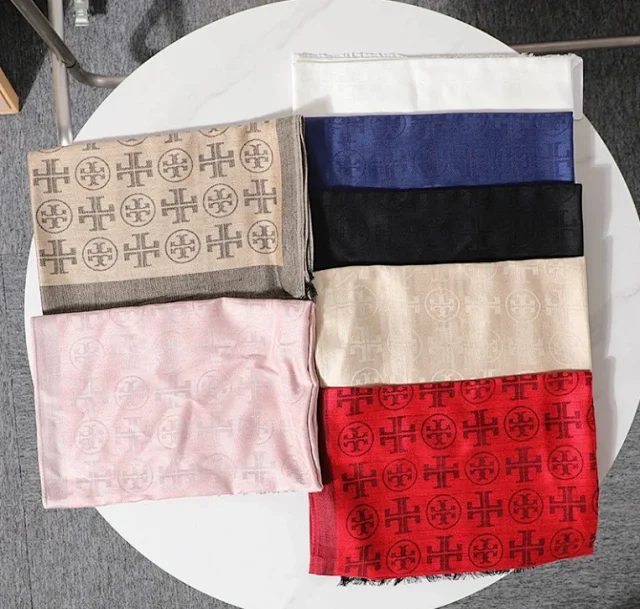 Tory Burch Scarves Double T logo print scarf with fringed ends product detail image 1