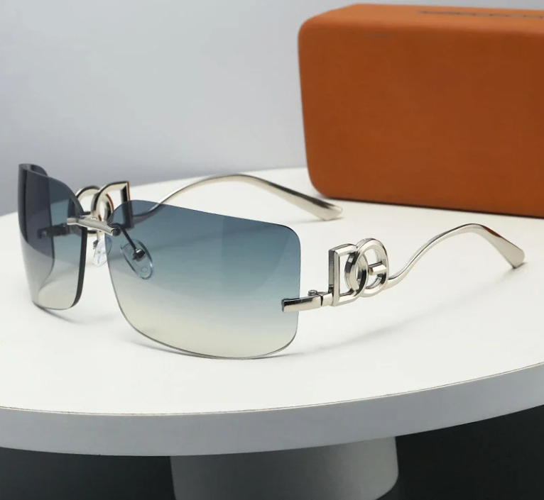 Unbranded Eyewear Rimless rectangular sunglasses with geometric metal temples — silver frame green yellow