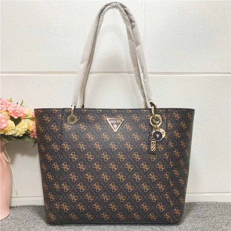 GUESS Handbags Logo Print Tote Bag with Triangle Plaque — Coffee color/Apricot