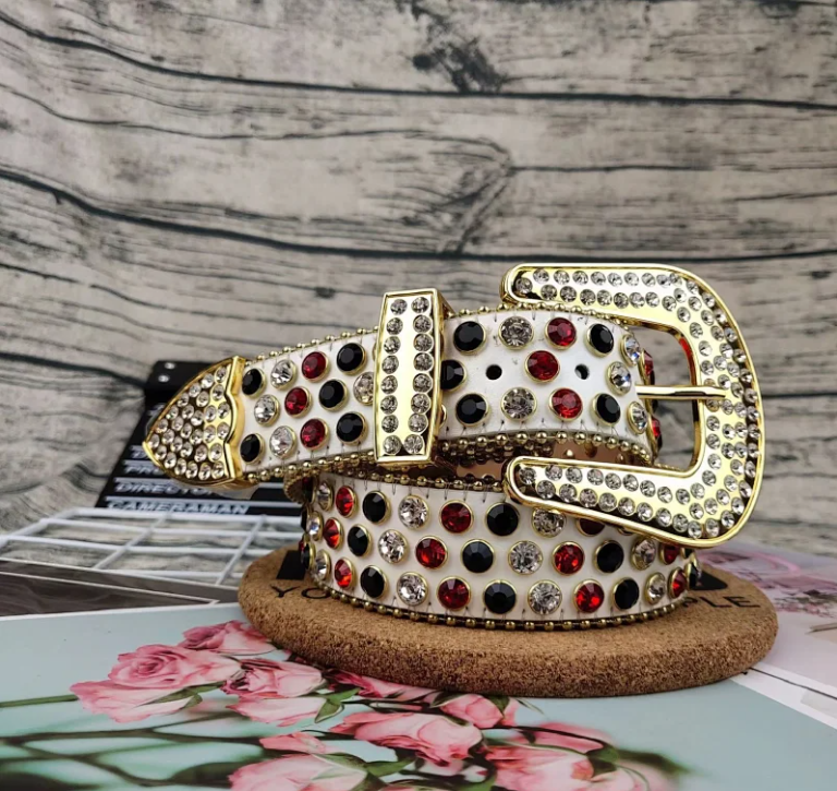 b.b. Simon Belts Rhinestone-studded belt with oversized buckle — Golden