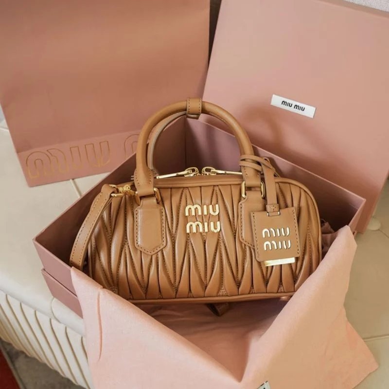 Miu Handbags Quilted Top-Handle Boston Bag — Brown [Gift Box Packaging]