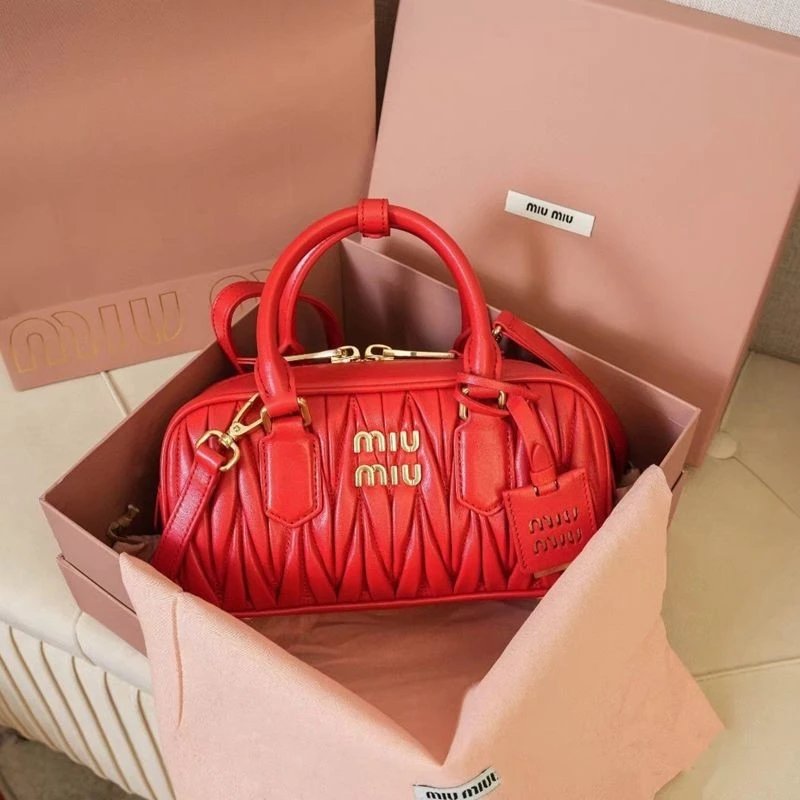 Miu Handbags Quilted Top-Handle Boston Bag — Red [Gift Box Packaging]