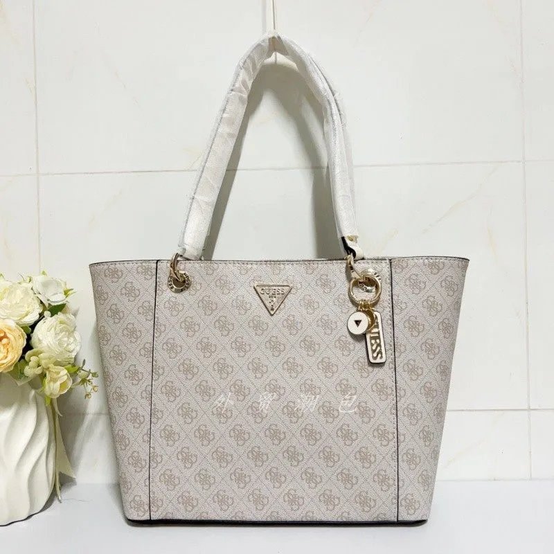 GUESS Handbags Logo Print Tote Bag with Triangle Plaque — Light gray LOGO