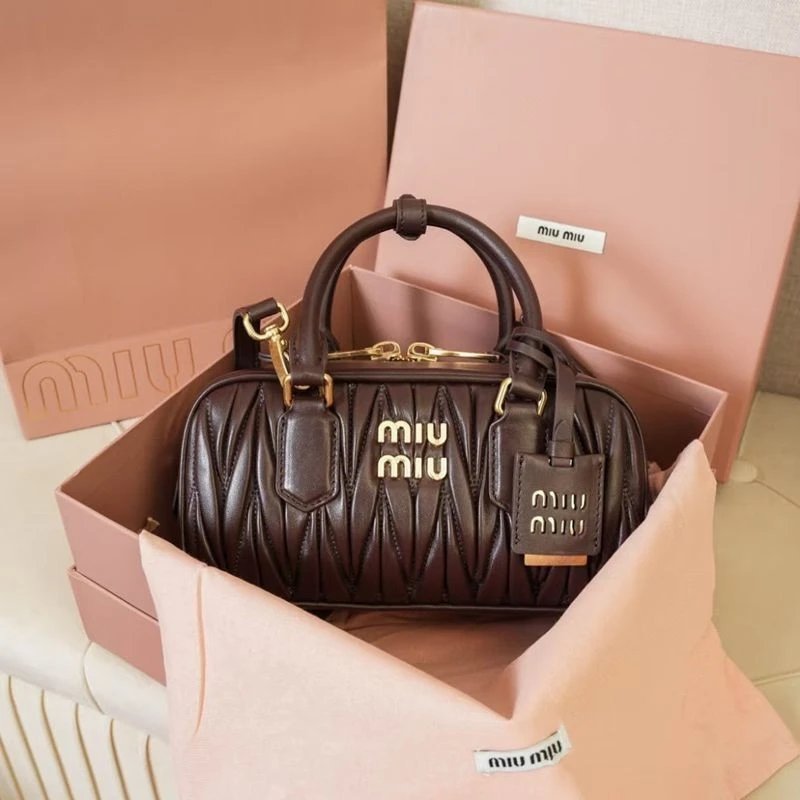 Miu Handbags Quilted Top-Handle Boston Bag — Coffee Brown [Gift Box Packaging]