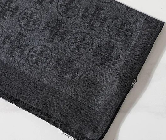 Tory Burch Scarves Double T logo print scarf with fringed ends — Black