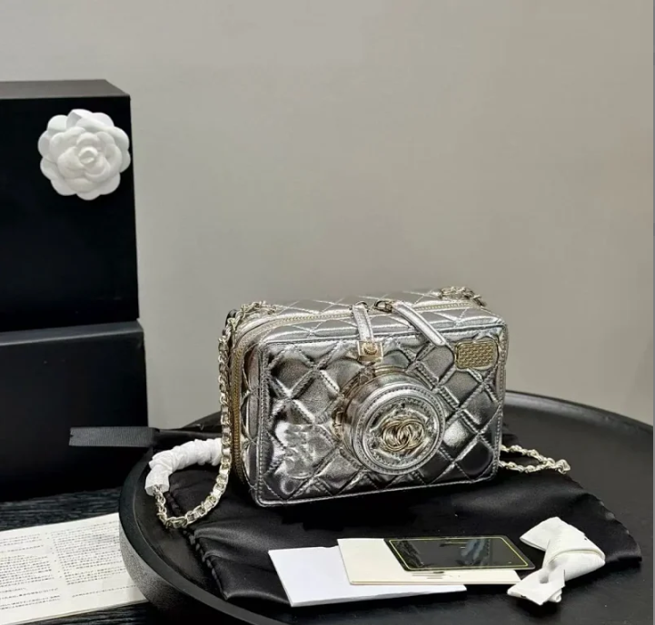 Chanel Crossbody Bags Quilted camera-style mini chain bag — Silver