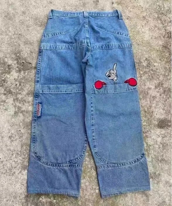 UNCOJEANS Wide-Leg Graphic Patch Jeans — N51 Blue