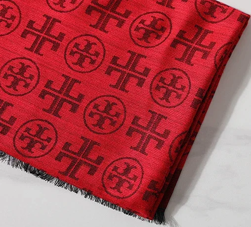 Tory Burch Scarves Double T logo print scarf with fringed ends — Bright Red