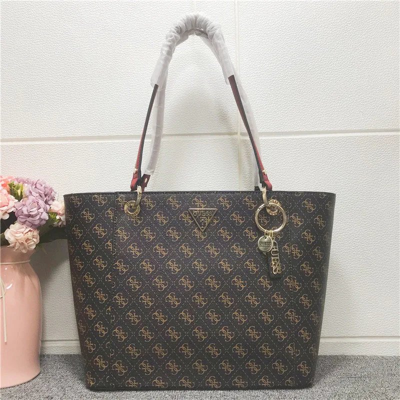 GUESS Handbags Logo Print Tote Bag with Triangle Plaque — Coffee/Red