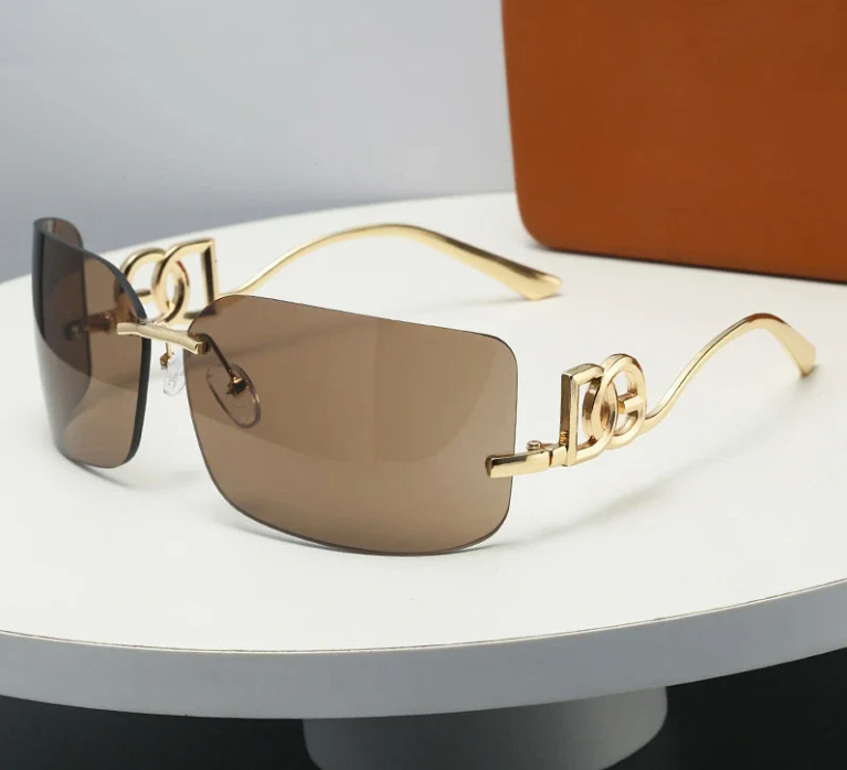 Unbranded Eyewear Rimless rectangular sunglasses with geometric metal temples — Tea slices in a gold frame