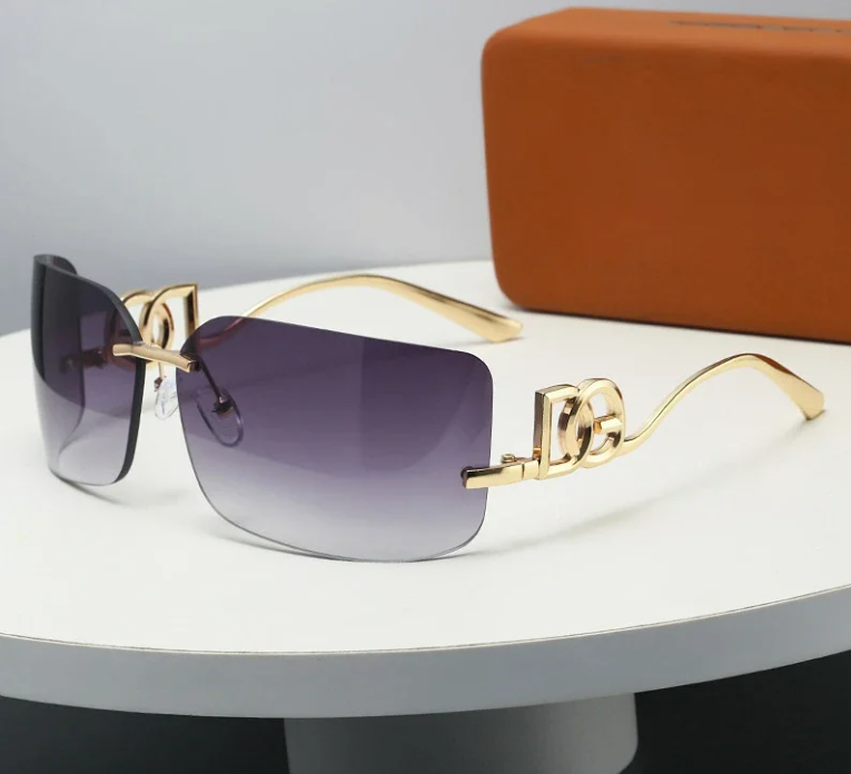 Unbranded Eyewear Rimless rectangular sunglasses with geometric metal temples — Gold frame with dual gray lenses