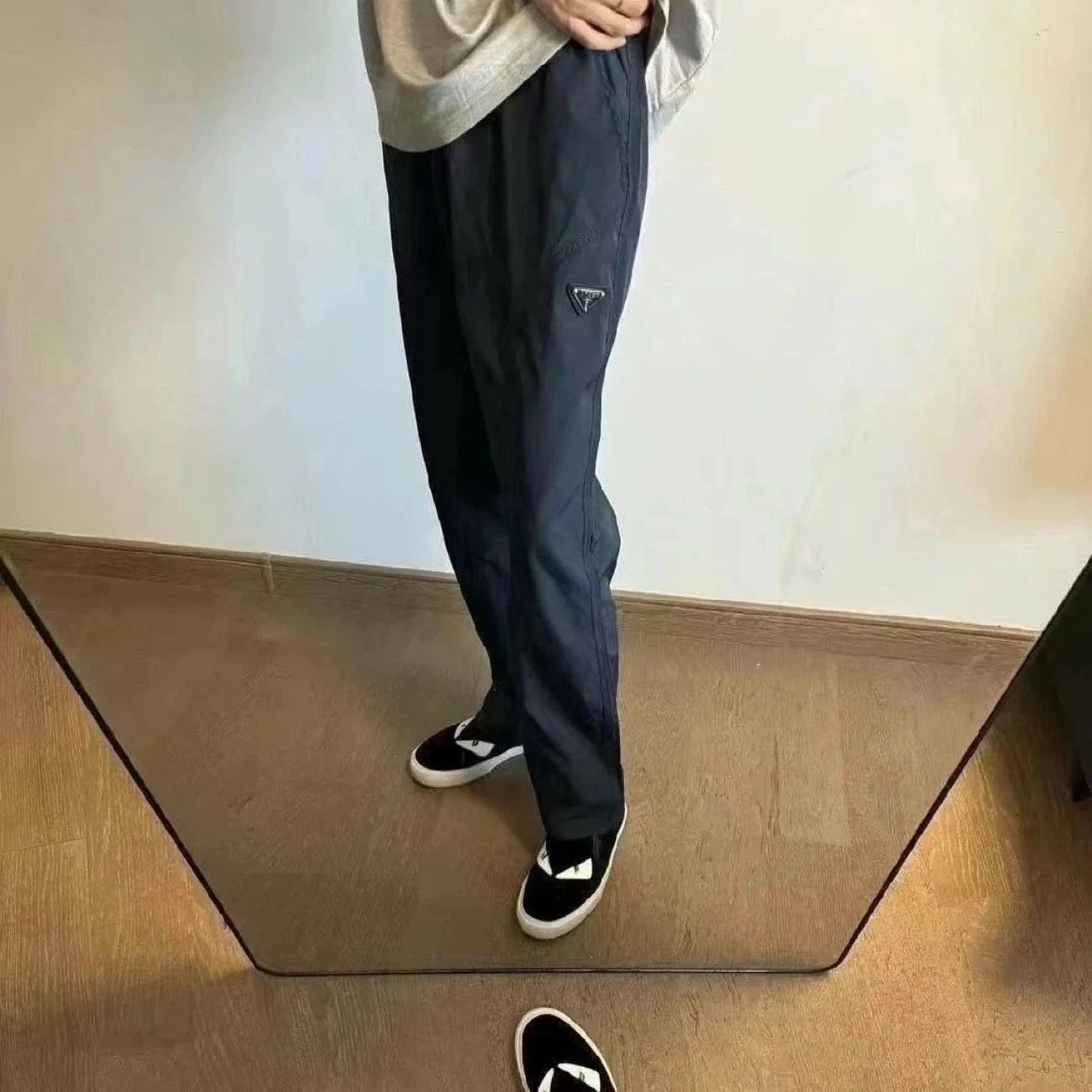Prada Trousers Elastic-waist drawstring with triangular logo plaque — Navy Blue