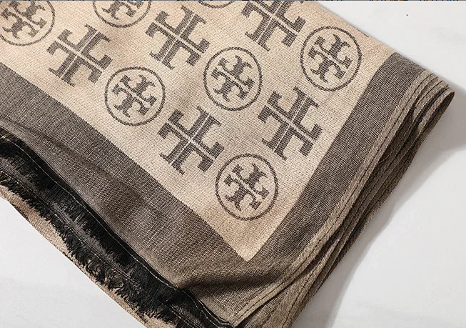 Tory Burch Scarves Double T logo print scarf with fringed ends — Coffee color
