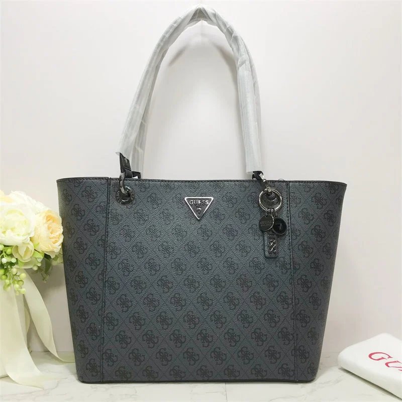 GUESS Handbags Logo Print Tote Bag with Triangle Plaque — Black black hardware