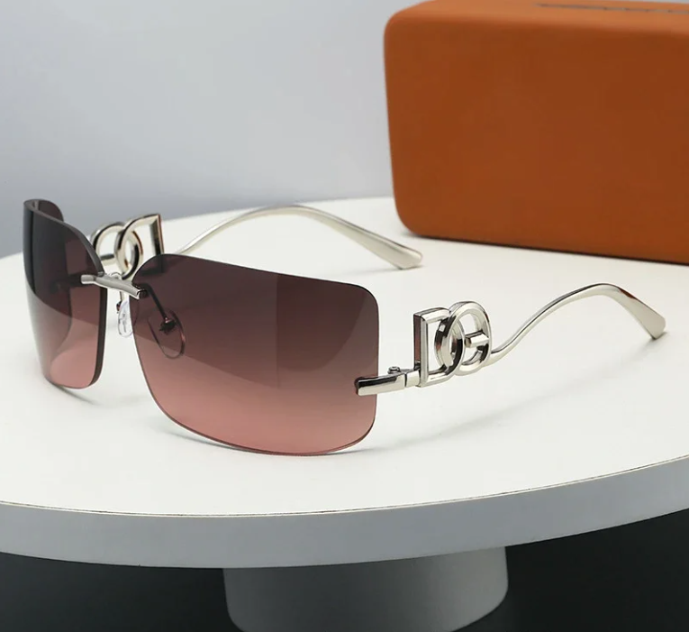 Unbranded Eyewear Rimless rectangular sunglasses with geometric metal temples — Silver frame tea red tablet