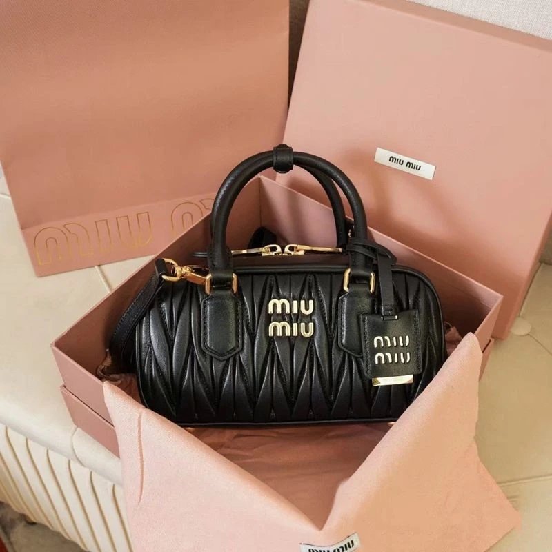 Miu Handbags Quilted Top-Handle Boston Bag — Black [Gift Box Packaging]