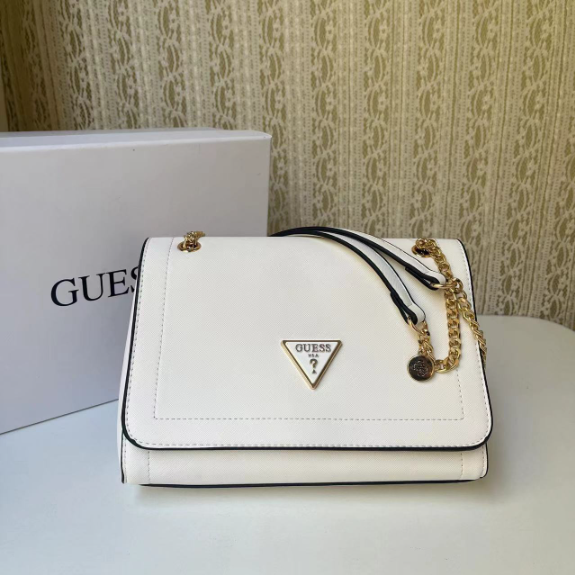 GUESS Crossbody Bags Triangle Logo Flap Chain Bag — white