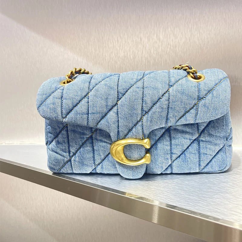 Coach Shoulder Bags Quilted chain-strap flap bag with C turn-lock — Denim Blue Gift Box