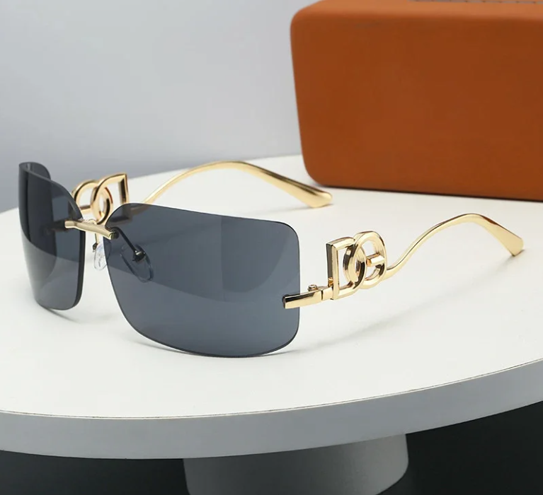 Unbranded Eyewear Rimless rectangular sunglasses with geometric metal temples — Gold frame, gray lenses