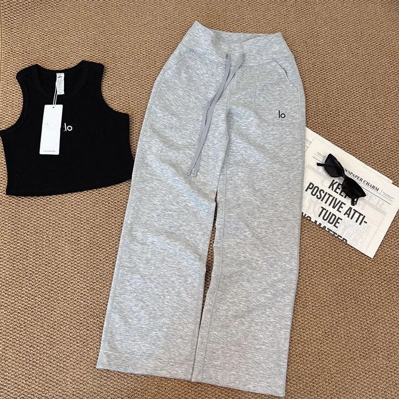 Alo Trousers High-waisted drawstring wide-leg pocket — Light gray