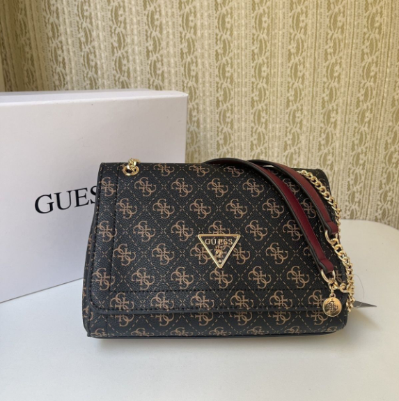 GUESS Crossbody Bags Triangle Logo Flap Chain Bag — Coffee