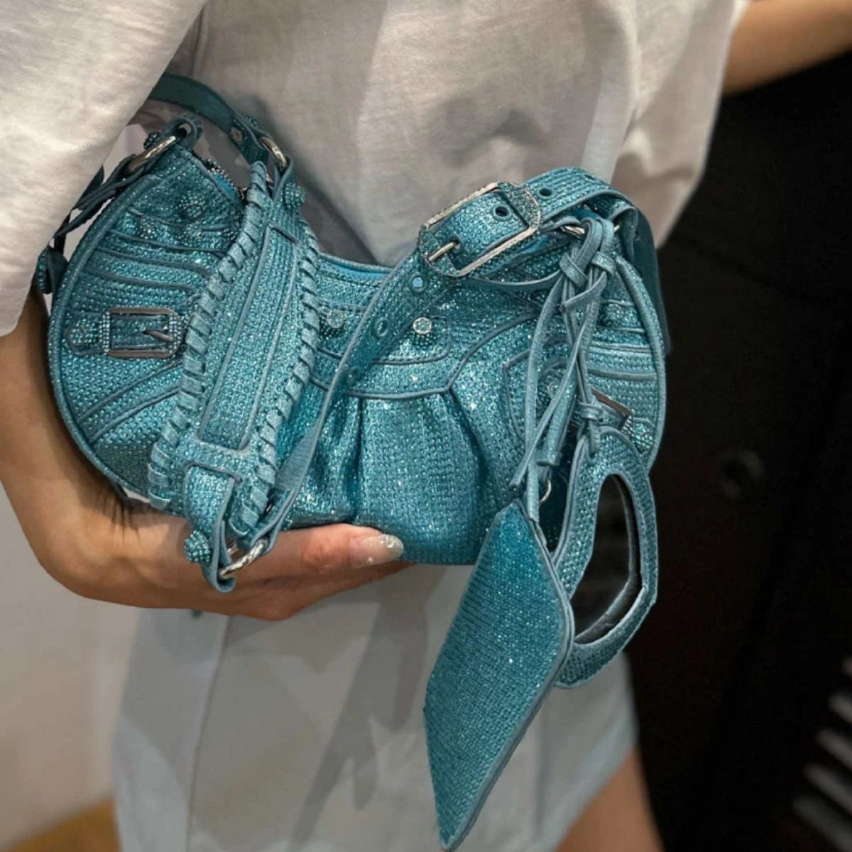 Unbranded Crossbody Bags Rhinestone-Embellished Buckle Bag — Blue