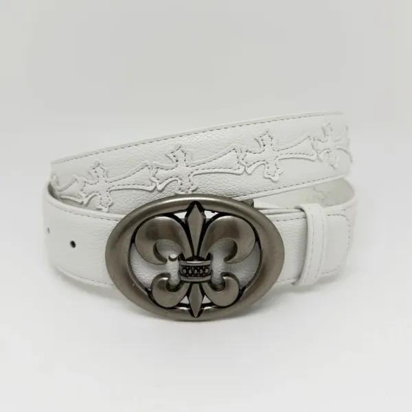 Design Fleur-de-Lis Embossed White Leather Belt - 1