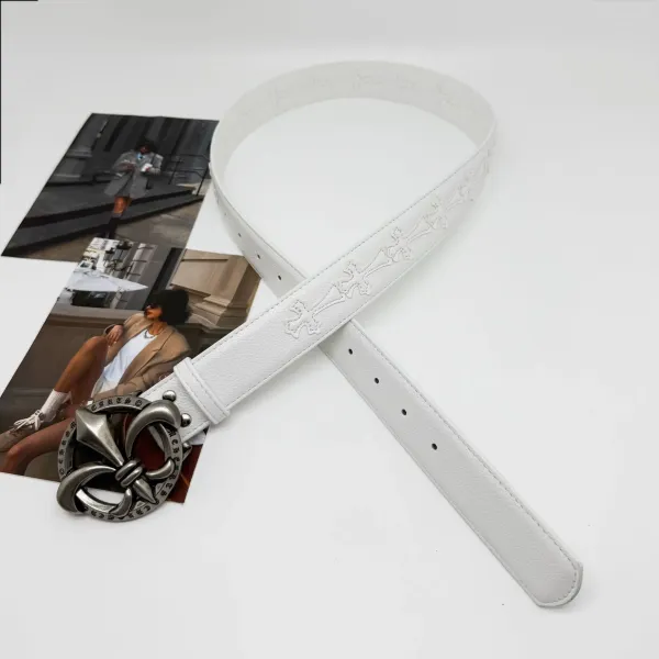 Chrome Hearts White Leather Belt with Fleur-de-Lis Buckle and Cross Motif - 1
